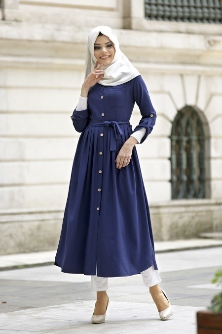 Neva Style - Navy Blue Hijab Coat 509L