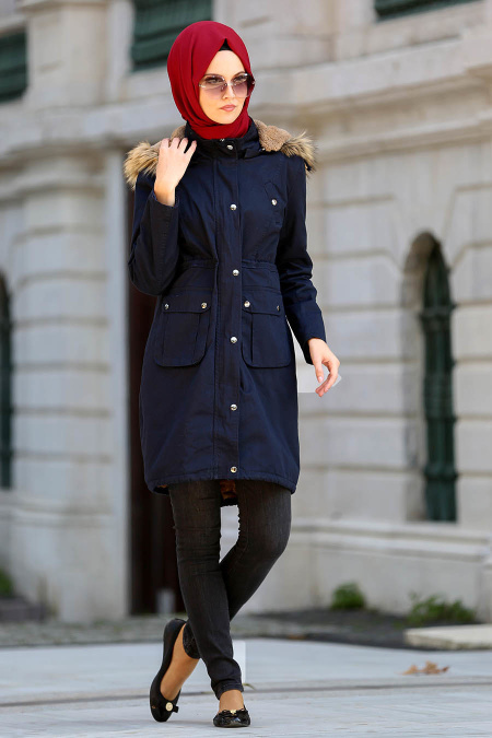 Neva Style - Navy Blue Hijab Coat 90030L