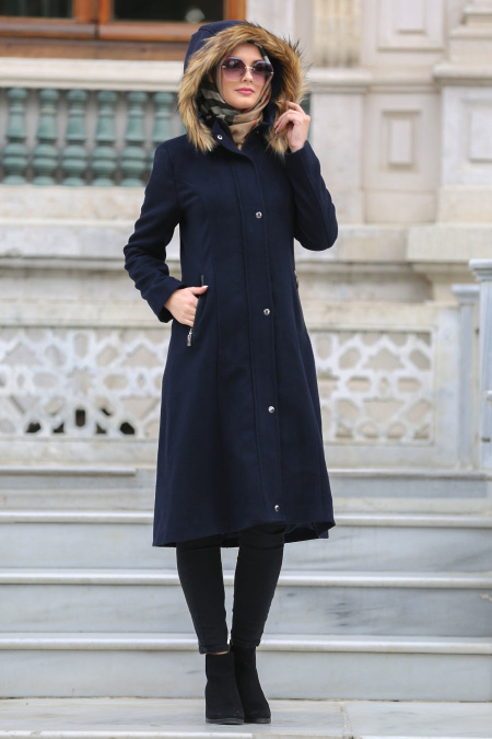 Neva Style - Navy Blue Hijab Coat 90240L