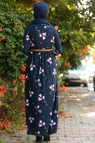 Çiçek Desenli Lacivert Tesettür Elbise 1639L - Thumbnail