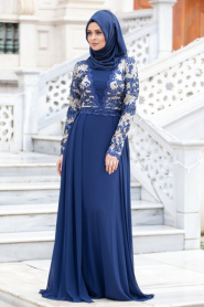 Neva Style - Navy Blue Hijab Dress 4204L - Thumbnail