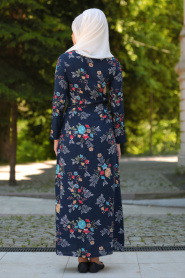 Çiçek Desenli Lacivert Tesettür Elbise 53542L - Thumbnail