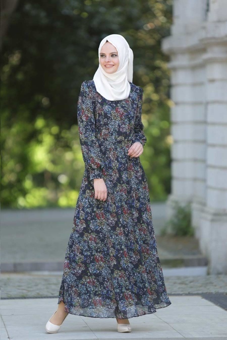 Neva Style - Navy Blue Hijab Dress 7032-06L