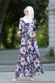 Neva Style - Navy Blue Hijab Dress 7032-08L - Thumbnail