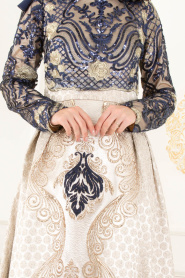 Jakarlı Dantel Detaylı Lacivert Tesettürlü Abiye Elbise 31001L - Thumbnail