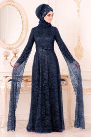 Simli Lacivert Renk Tesettür Abiye Elbise 3247L - Thumbnail