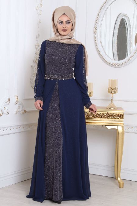 Navy Blue Hijab Evening Dress 79380L