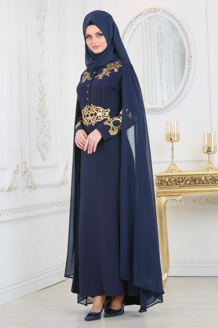 Neva Style - Navy Blue Hijab Evening Dress 81495L - 2