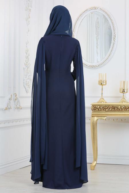 Neva Style - Navy Blue Hijab Evening Dress 81495L - 3