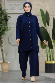 Neva Style - Navy Blue Hijab Knitwear Dual Dress 33860L - Thumbnail