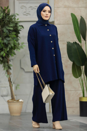 Navy Blue Hijab Knitwear Dual Dress 33860L - 4