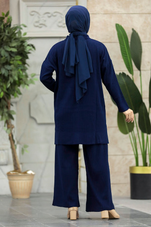 Neva Style - Navy Blue Hijab Knitwear Dual Dress 33860L - Thumbnail