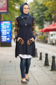 Neva Style - Navy Blue Hijab Knitwear Tunic 15367L - Thumbnail