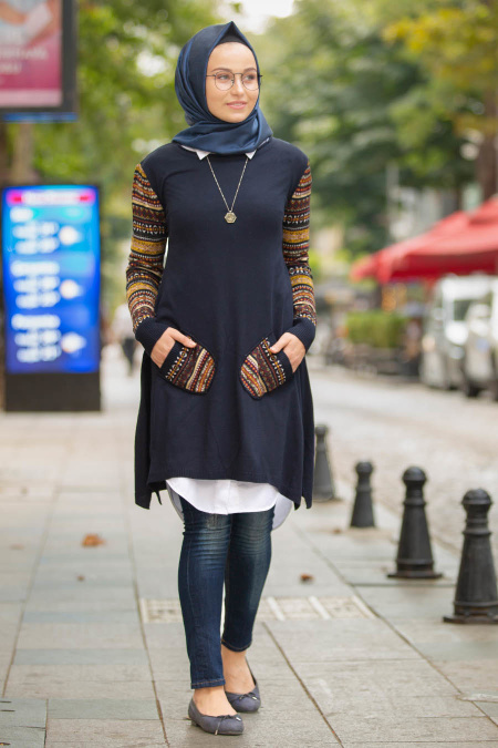 Neva Style - Navy Blue Hijab Knitwear Tunic 15367L 