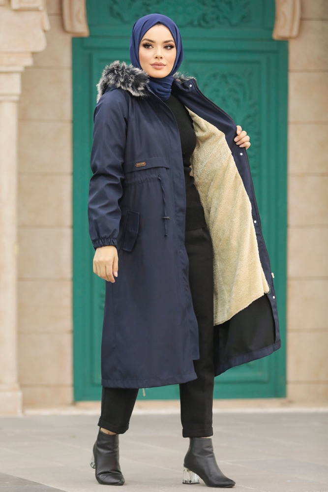 Neva Style - Navy Blue Hijab Parka Coat 60651L - 5