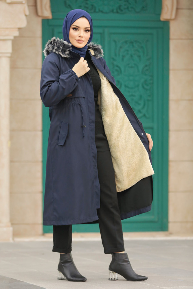 Neva Style - Navy Blue Hijab Parka Coat 60651L - 1