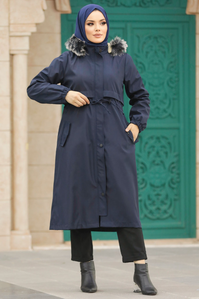 Neva Style - Navy Blue Hijab Parka Coat 60651L - 2