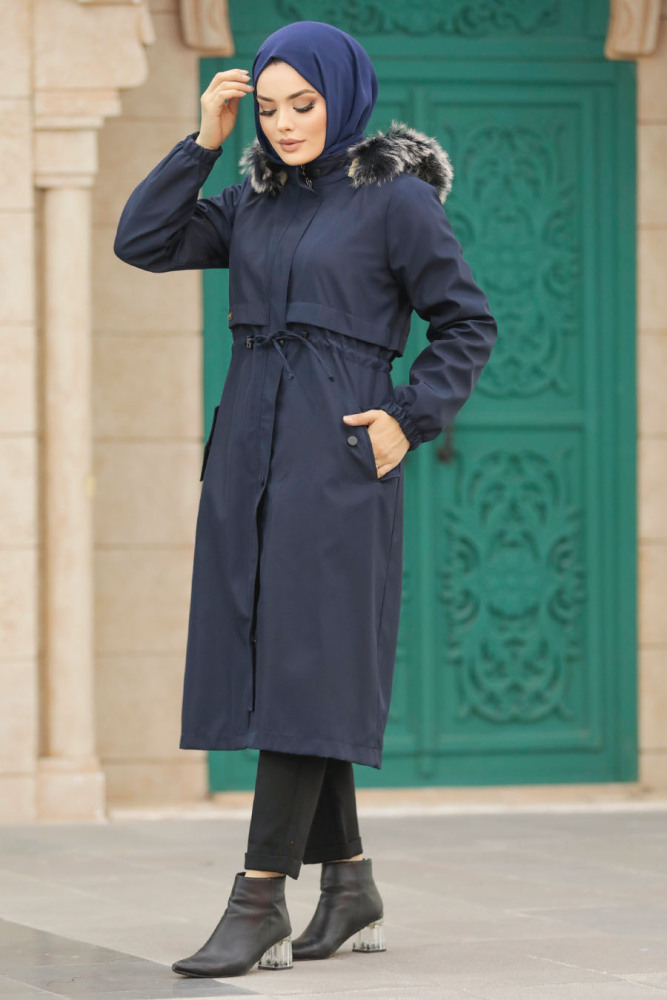 Neva Style - Navy Blue Hijab Parka Coat 60651L - 3