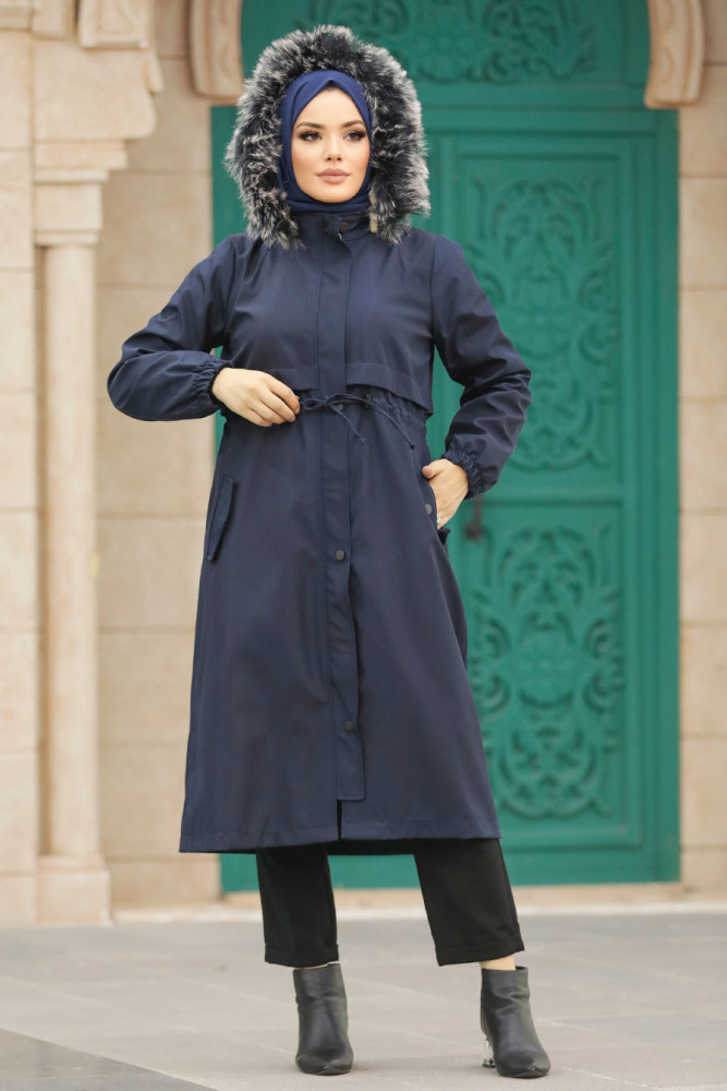 Neva Style - Navy Blue Hijab Parka Coat 60651L - 4