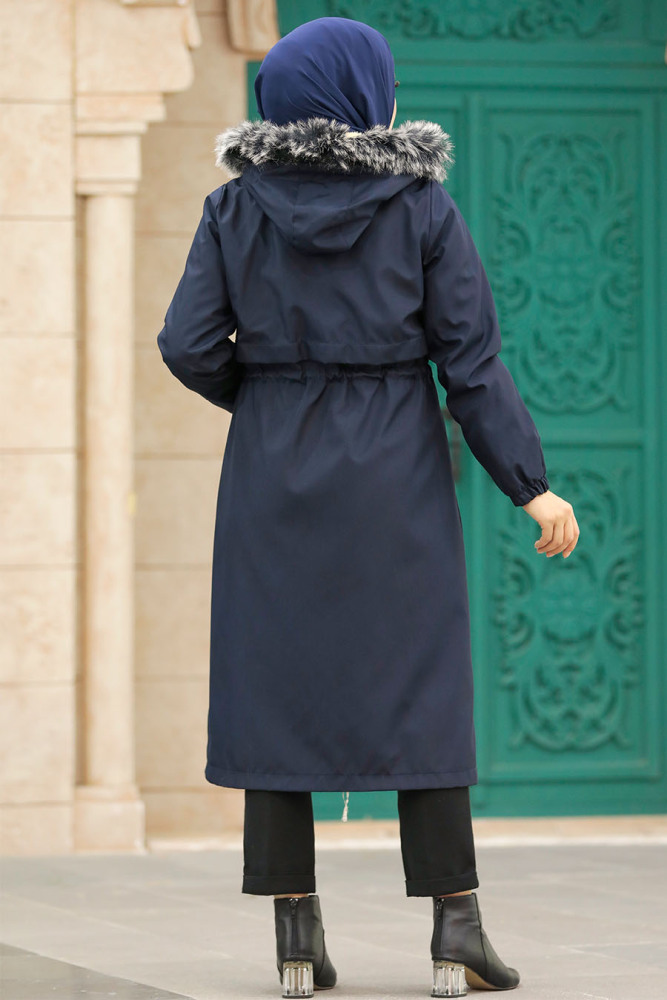 Neva Style - Navy Blue Hijab Parka Coat 60651L - 6