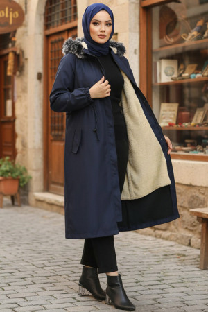 Navy Blue Hijab Parka Coat 60651L - 1