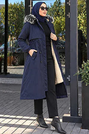 Navy Blue Hijab Parka Coat 60651L - 1