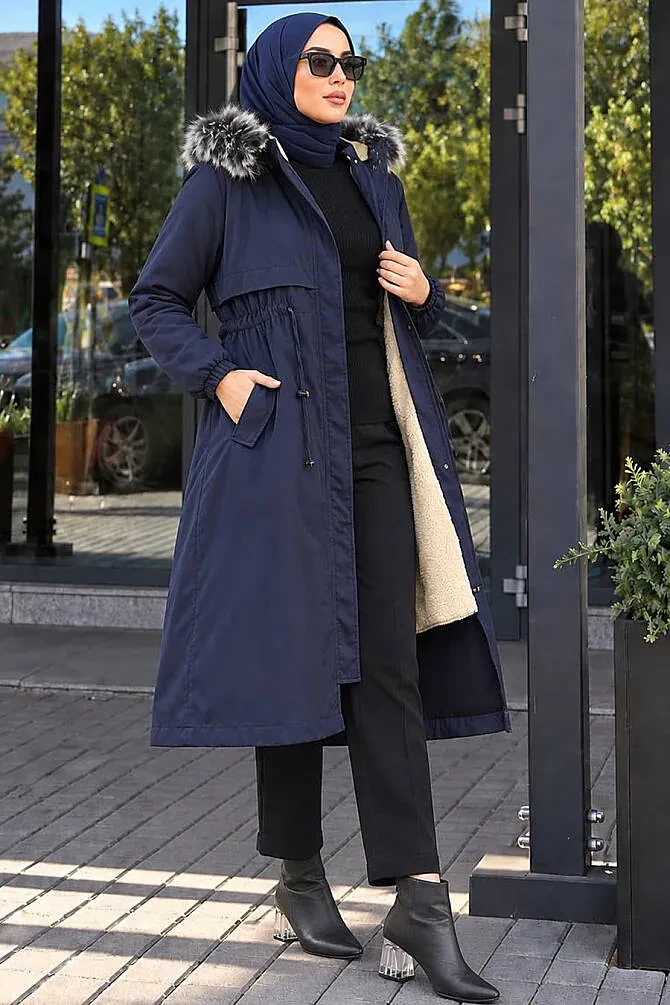 Navy Blue Hijab Parka Coat 60651L - 1
