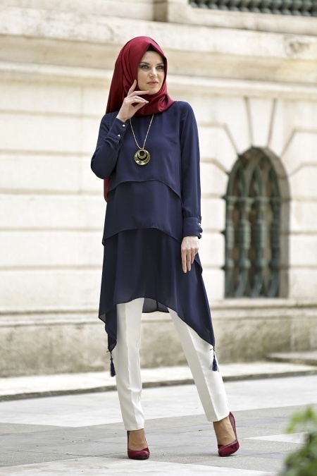 Neva Style - Navy Blue Hijab Tunic 2884L
