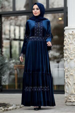 Neva Style - Navy Blue Hijab Velvet Dress 1470L - 1