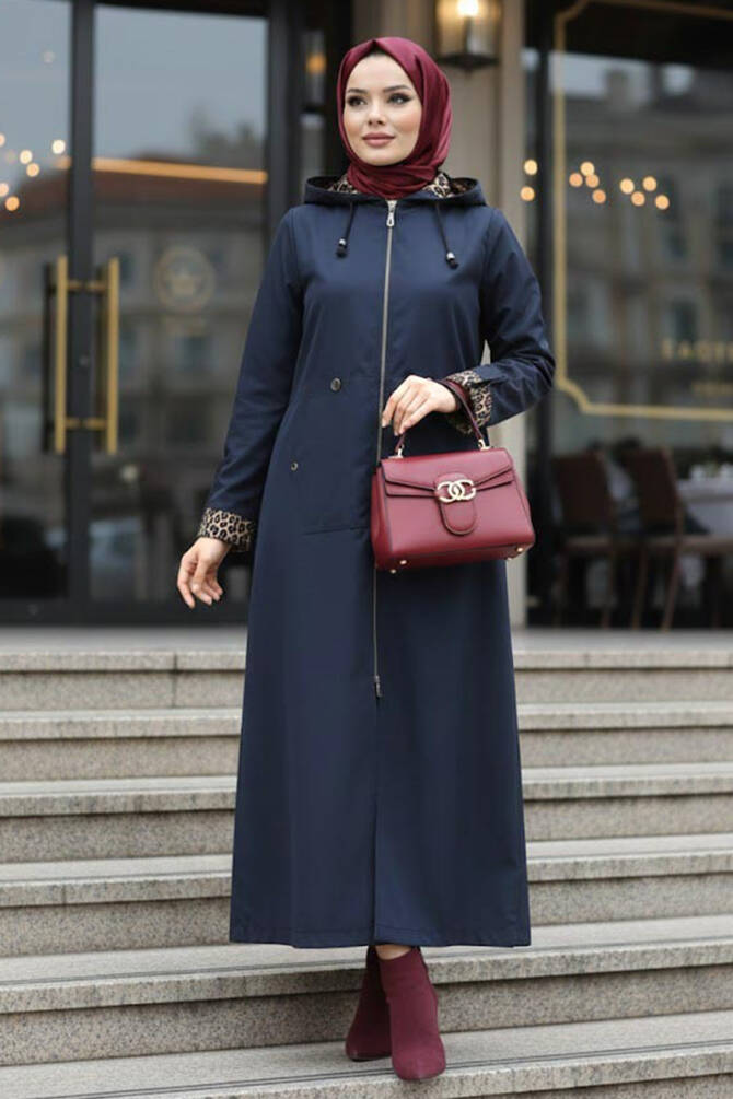 Navy Blue Islamic Clothing Coat 60623L - 1