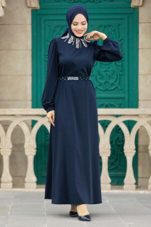 Navy Blue Islamic Clothing Dress 358600L - 2