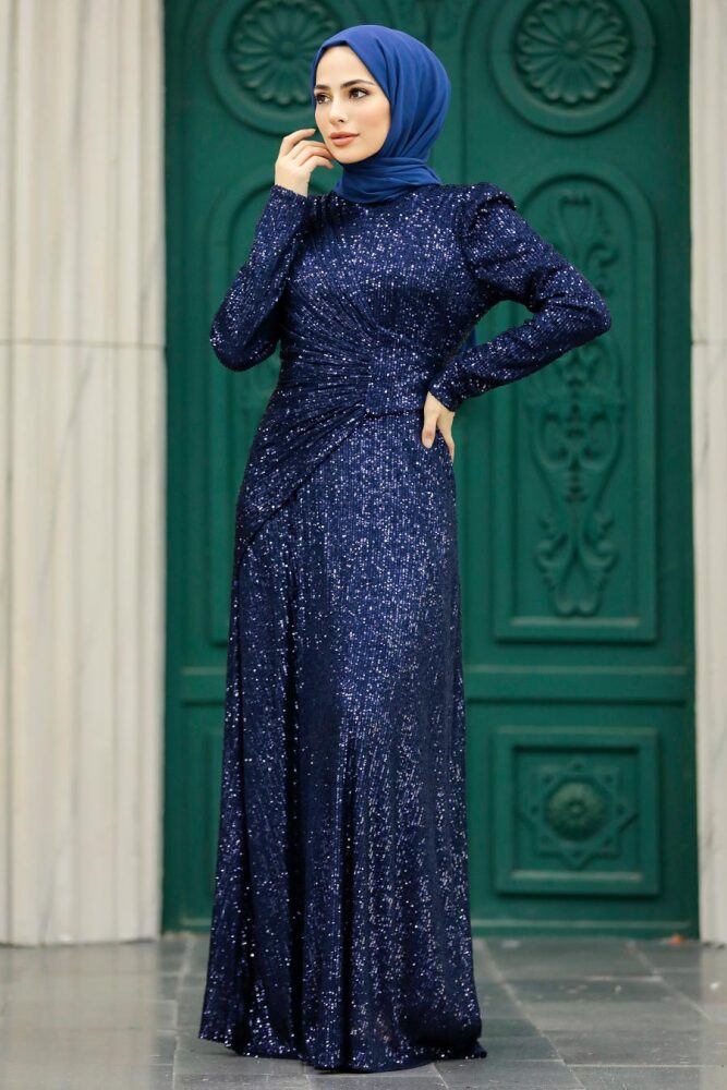 Neva Style - Navy Blue Muslim Long Sleeve Dress 39471L - 1