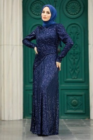 Neva Style - Navy Blue Muslim Long Sleeve Dress 39471L - Thumbnail