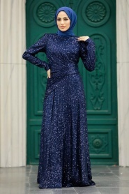 Neva Style - Navy Blue Muslim Long Sleeve Dress 39471L - Thumbnail