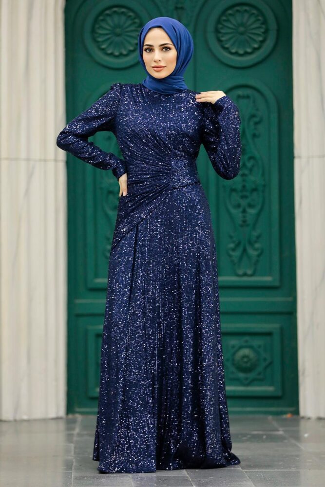 Neva Style - Navy Blue Muslim Long Sleeve Dress 39471L - 3