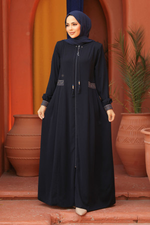 Navy Blue Muslim Turkish Abaya 619L - 2