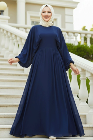 Navy Blue Turkish Hijab Engagement Gown 60681L - 1