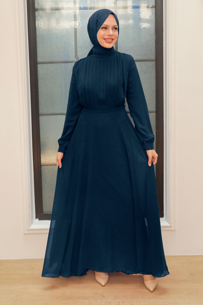 Neva Style - Navy Blue Turkish Hijab Evening Gown 3371L - 1