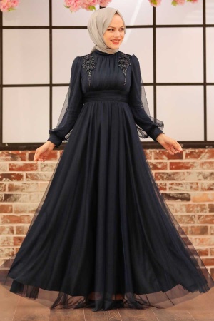 Neva Style - Navy Blue Turkish Modest Wedding Dress 22070L - 1