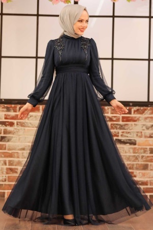 Neva Style - Navy Blue Turkish Modest Wedding Dress 22070L - 2