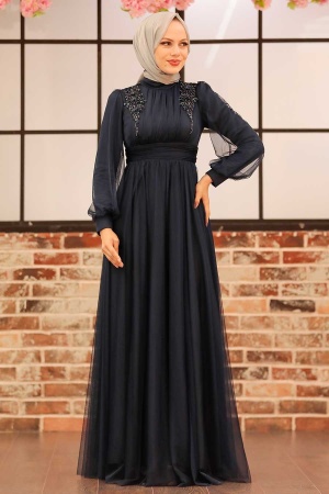 Neva Style - Navy Blue Turkish Modest Wedding Dress 22070L - 3