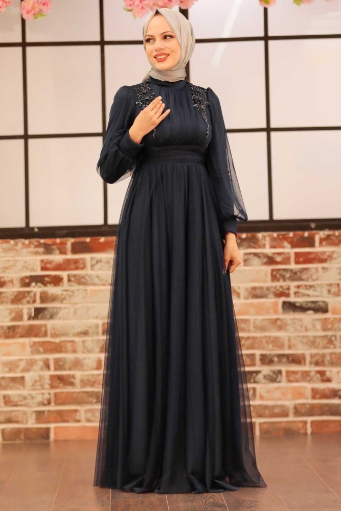 Neva Style - Navy Blue Turkish Modest Wedding Dress 22070L - 4