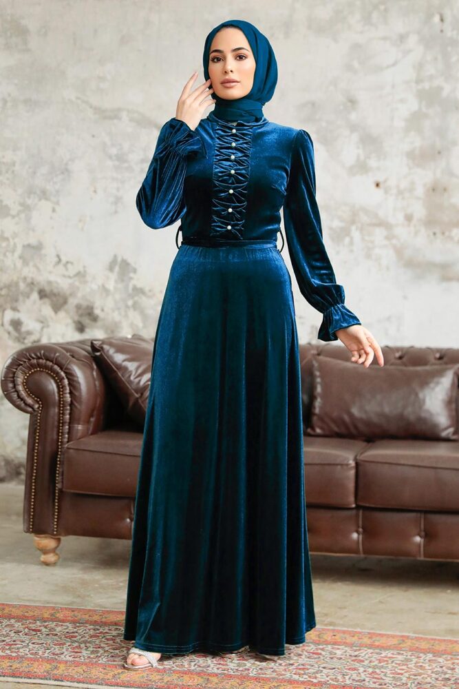 Navy Blue Velvet Hijab Maxi Dress 37091L - 1