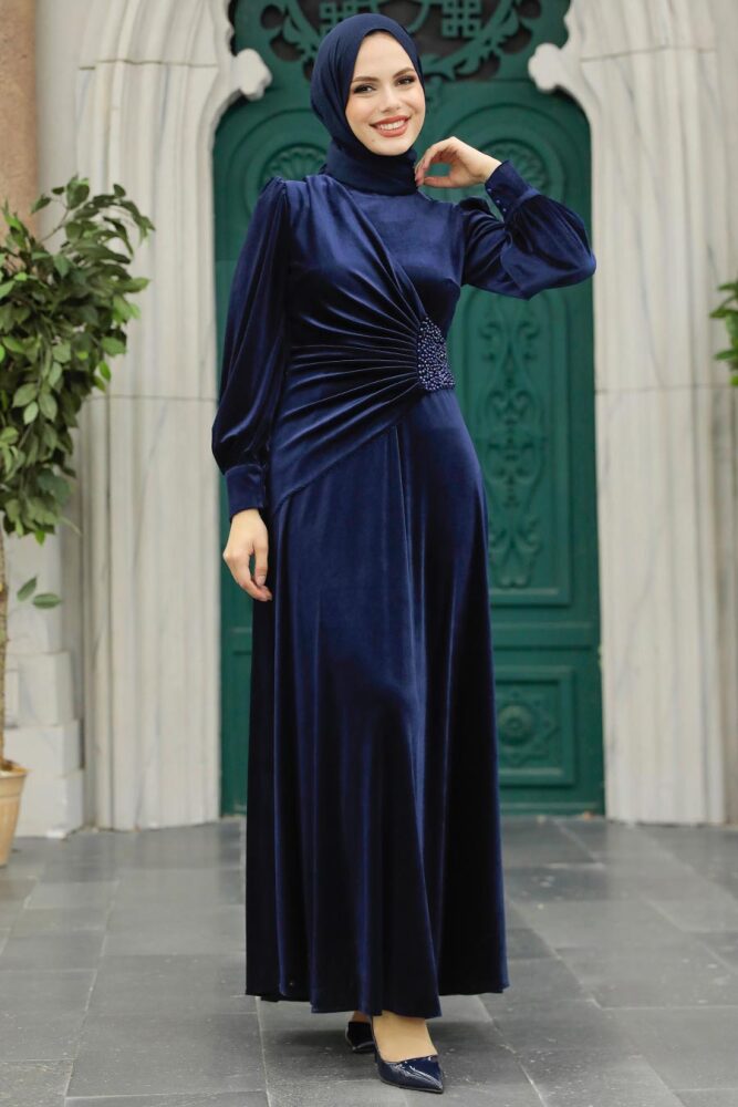 Navy Blue Velvet Long Dress 3845L - 2