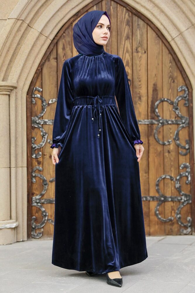 Navy Blue Velvet Long Dress for Muslim Ladies 36921L - 1