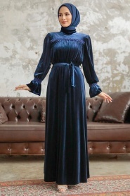 Neva Style - Navy Blue Velvet Long Dress for Muslim Ladies 37291L - Thumbnail