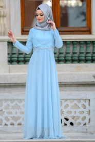 Neva Style - Nervür Detaylı Bebek Mavisi Tesettür Abiye Elbise 3607BM - Thumbnail