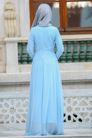 Neva Style - Nervür Detaylı Bebek Mavisi Tesettür Abiye Elbise 3607BM - Thumbnail