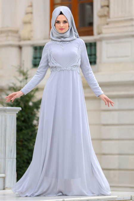 Neva Style - Nervür Detaylı Gri Tesettür Abiye Elbise 3607GR