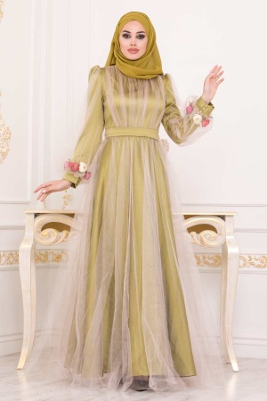 Neva Style - Oil Green Hijab Prom Dress 3946YY - 1